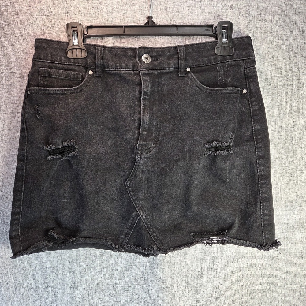 Wax Womens Denim Skirt‎ Large Black Mini Cut Off Distressed Grunge Goth Rock